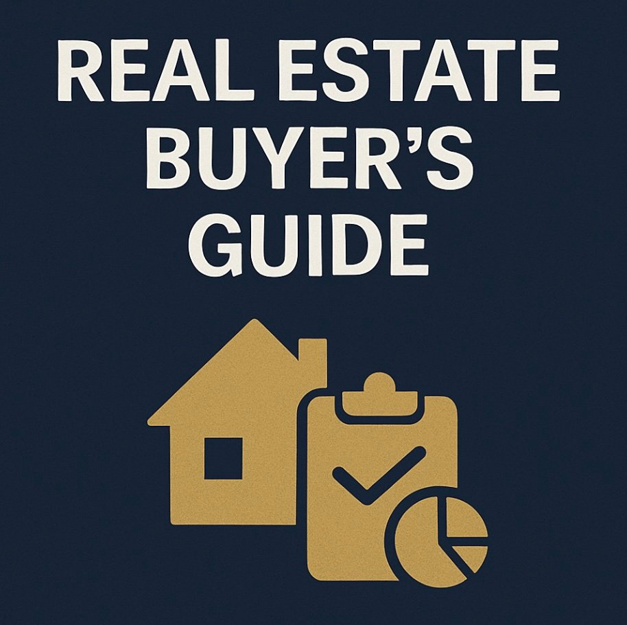 Real Estate Buyer’s Guide thumbnail with gold house, checklist, and chart icon on a navy background.