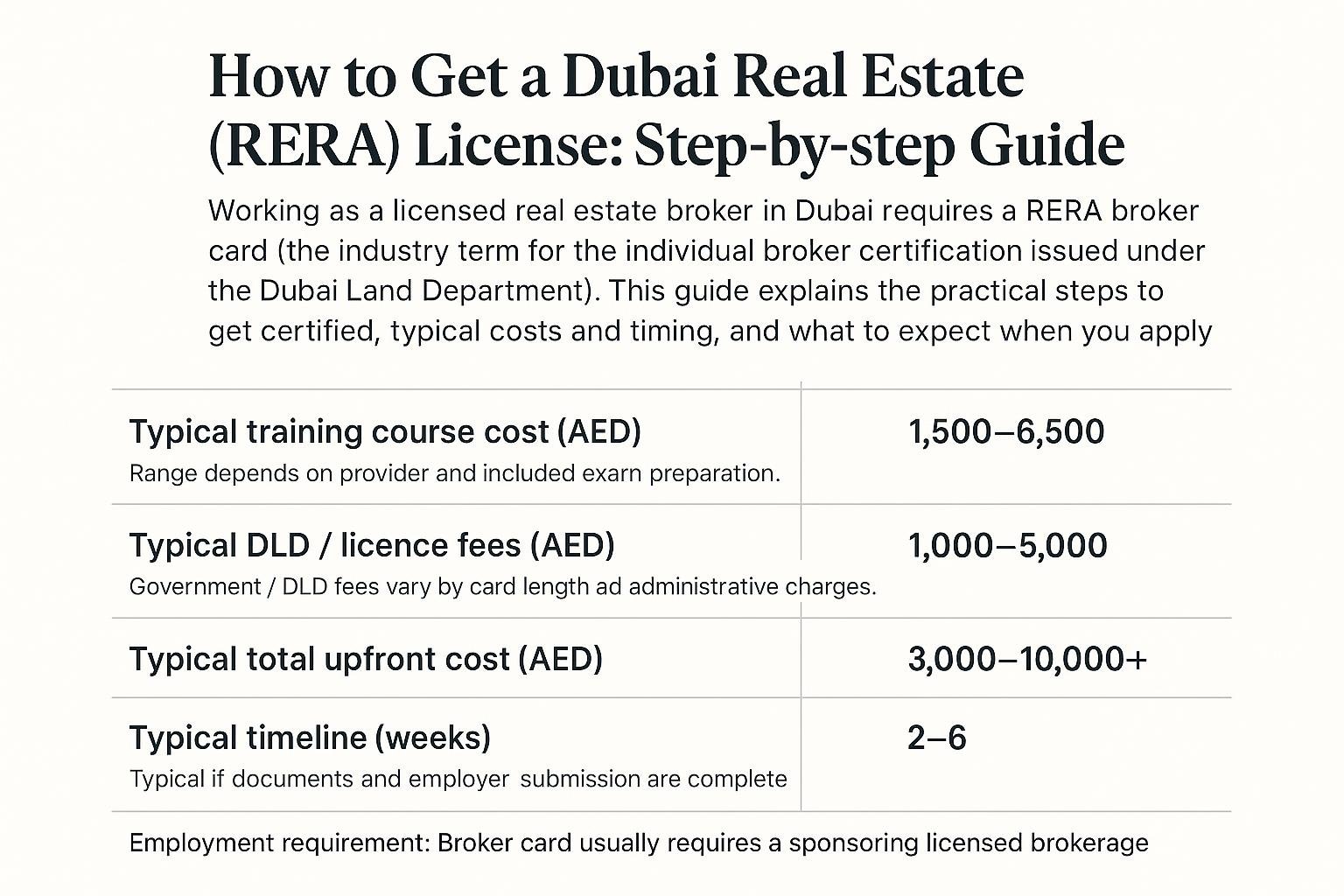 Data comparison chart for How to Get a Dubai Real Estate (RERA) License: Step-by-step Guide