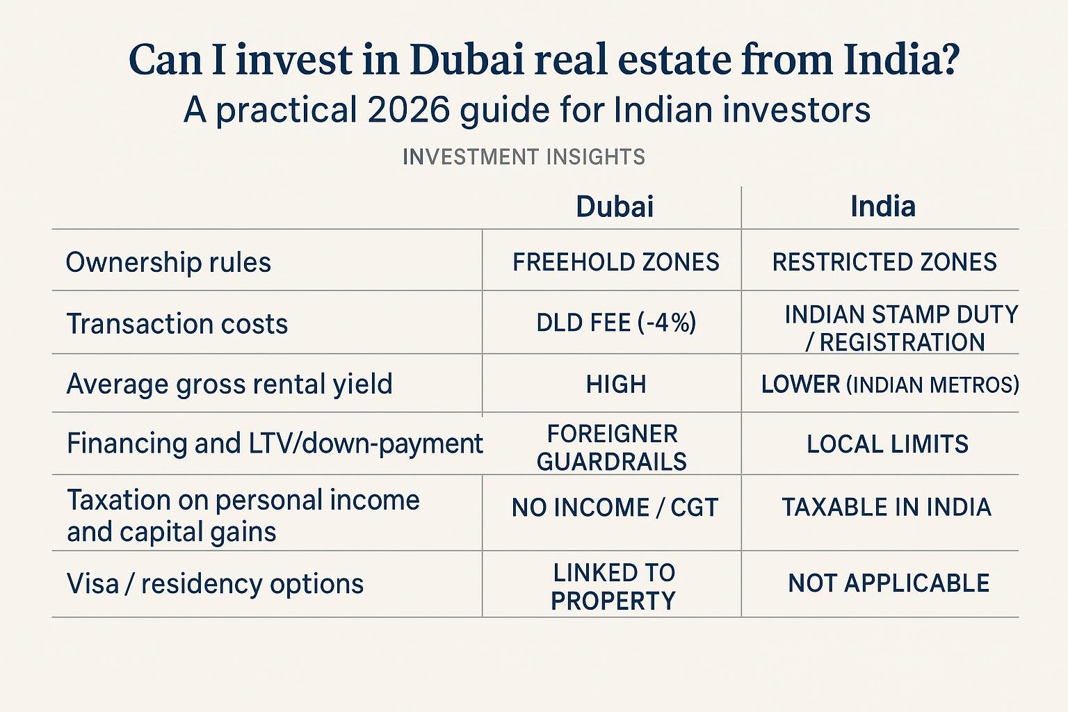 Data comparison chart for Can I invest in Dubai real estate from India? A practical 2026 guide for Indian investors